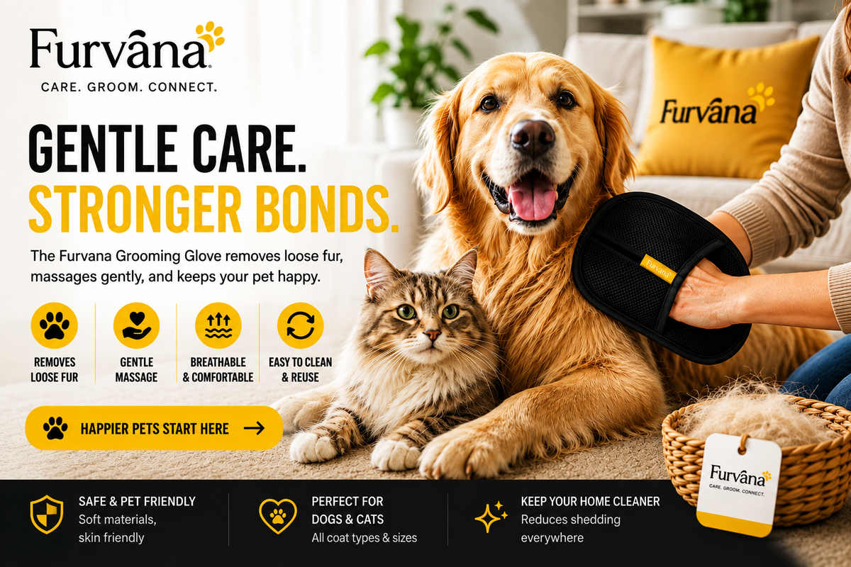 A dog and cat being groomed at home with the Furvana glove