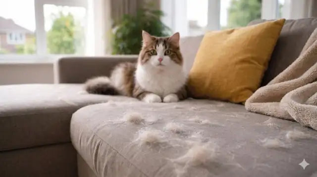 Loose cat fur across a sofa cushion
