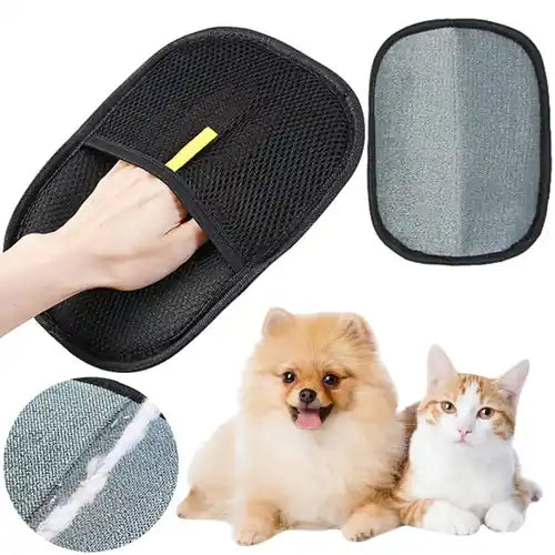 Both sides of the grooming glove shown with a dog and cat
