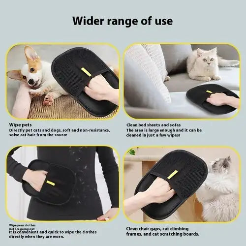 The glove used on a dog, a sofa, clothing and a cat tree